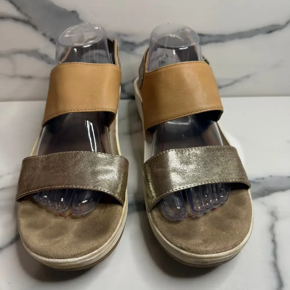Bionica Women's Tan Gold Leather Yolanda Wedge Platform Sandals Sz 10 Comfort